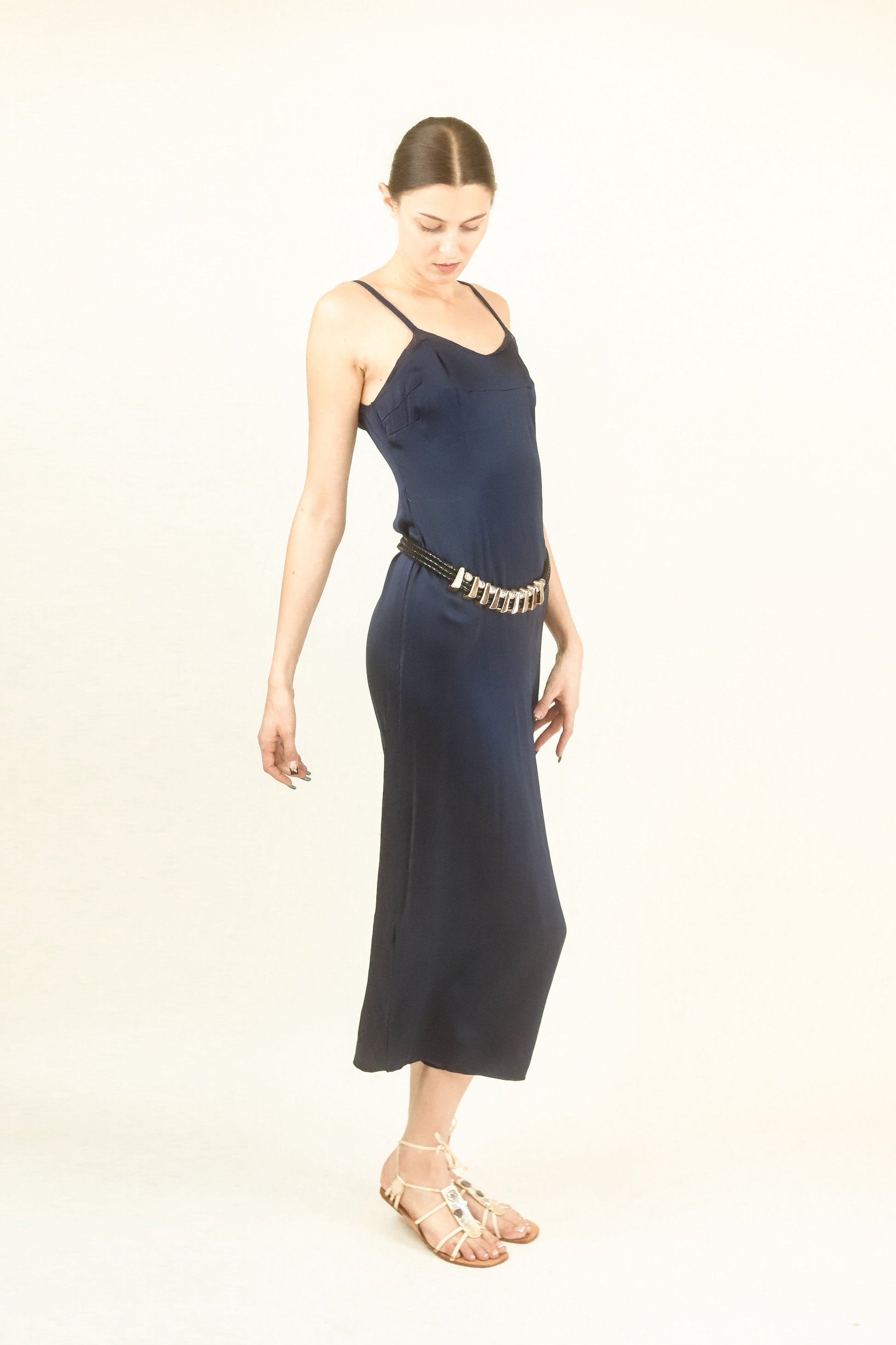 Navy Satin Slip Dress - The Kit Vintage