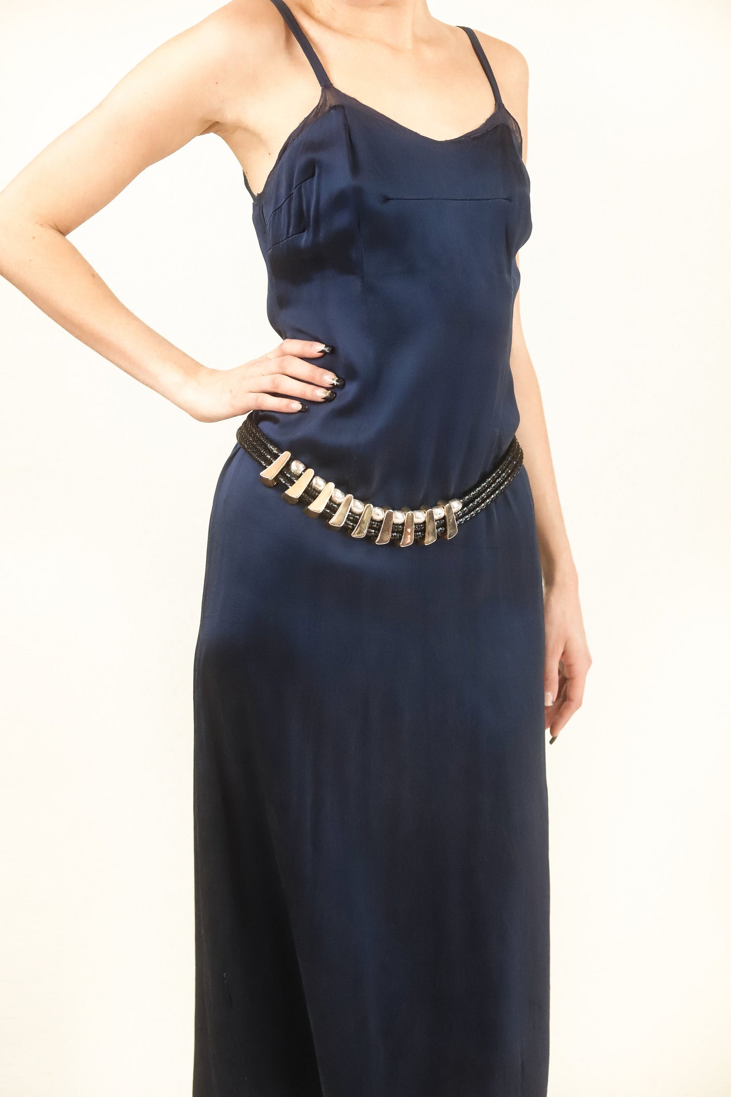 Navy Satin Slip Dress - The Kit Vintage