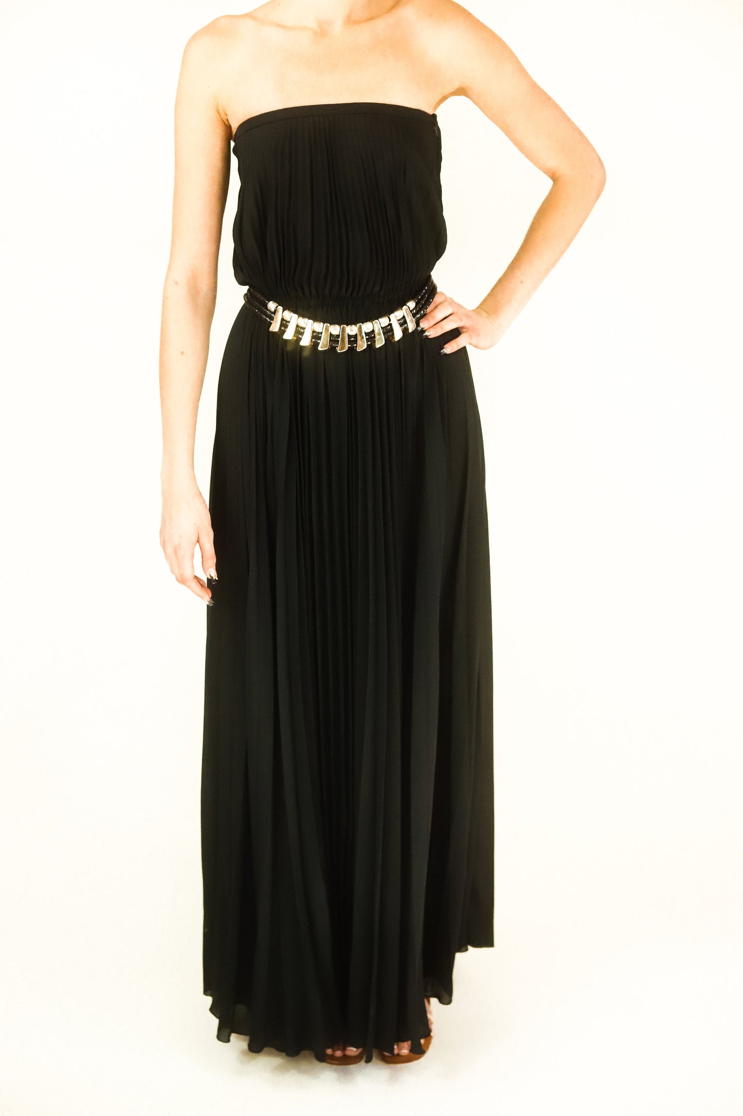 Albert Capraro Strapless Pleated Gown