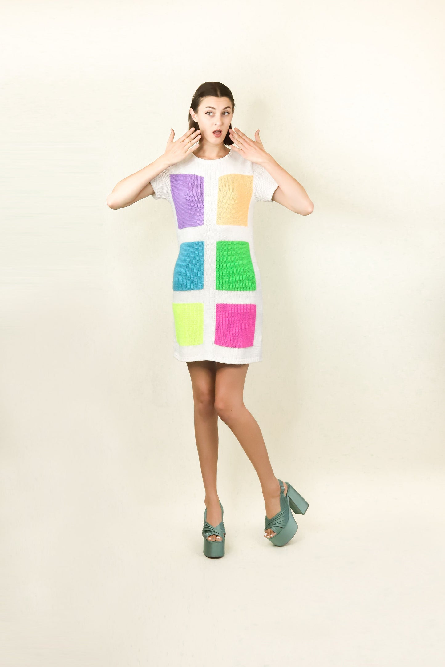 Courreges c.1980's White with Neon Colored Square Knit Dress - The Kit Vintage