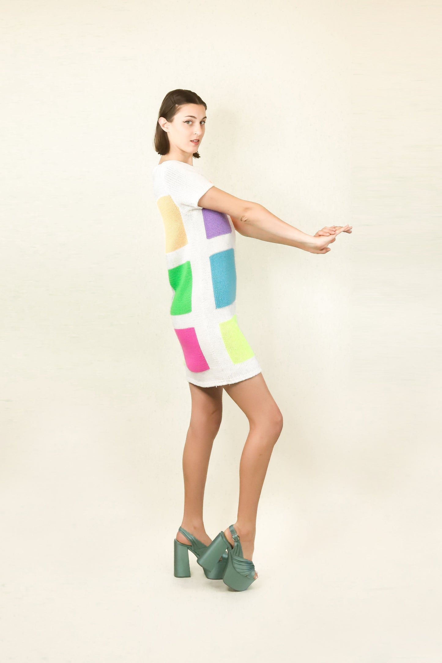 Courreges c.1980's White with Neon Colored Square Knit Dress - The Kit Vintage
