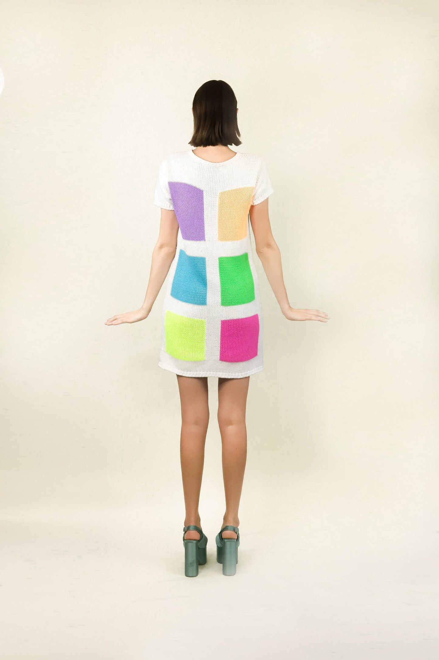 Courreges c.1980's White with Neon Colored Square Knit Dress - The Kit Vintage