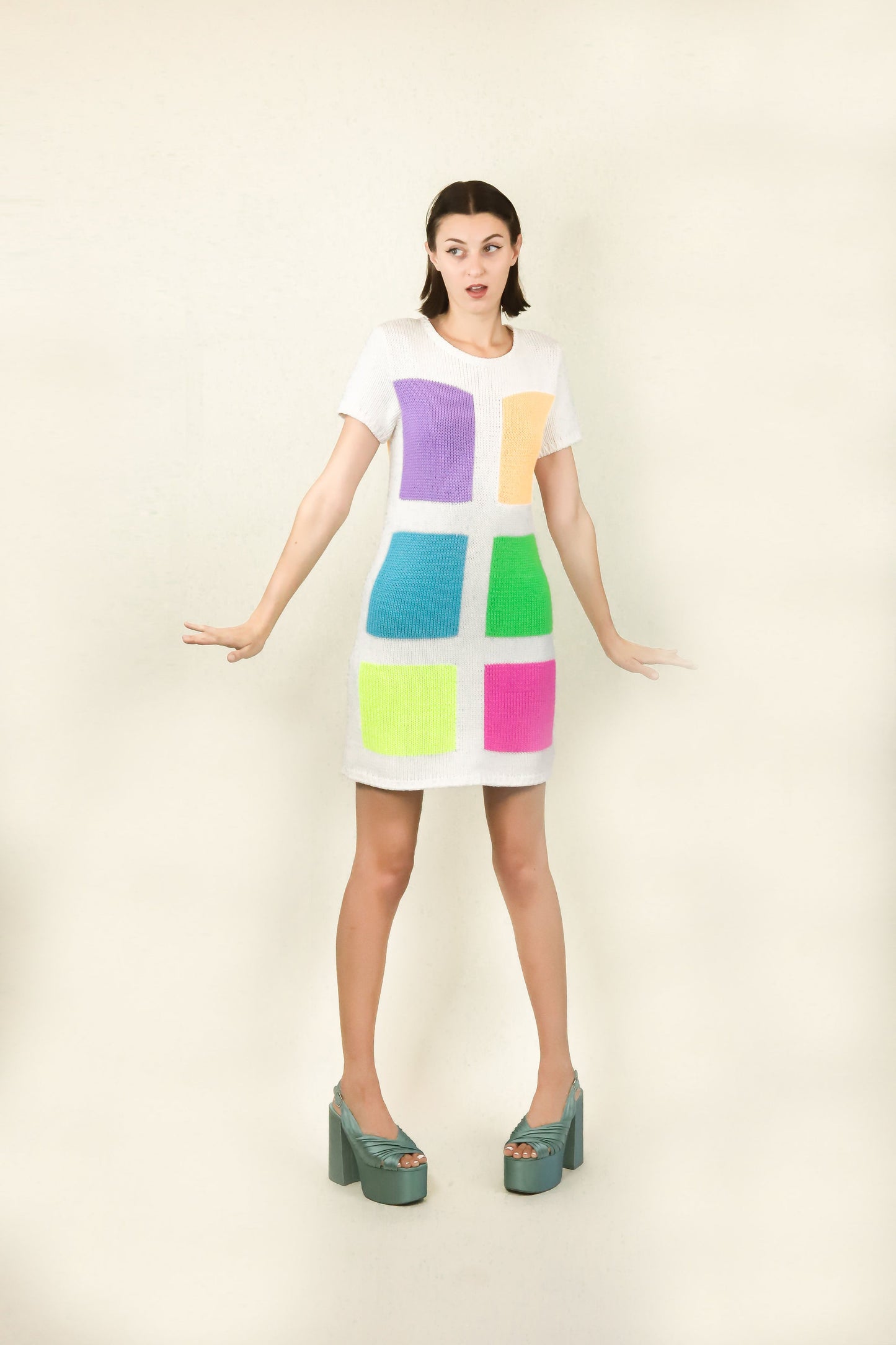 Courreges c.1980's White with Neon Colored Square Knit Dress