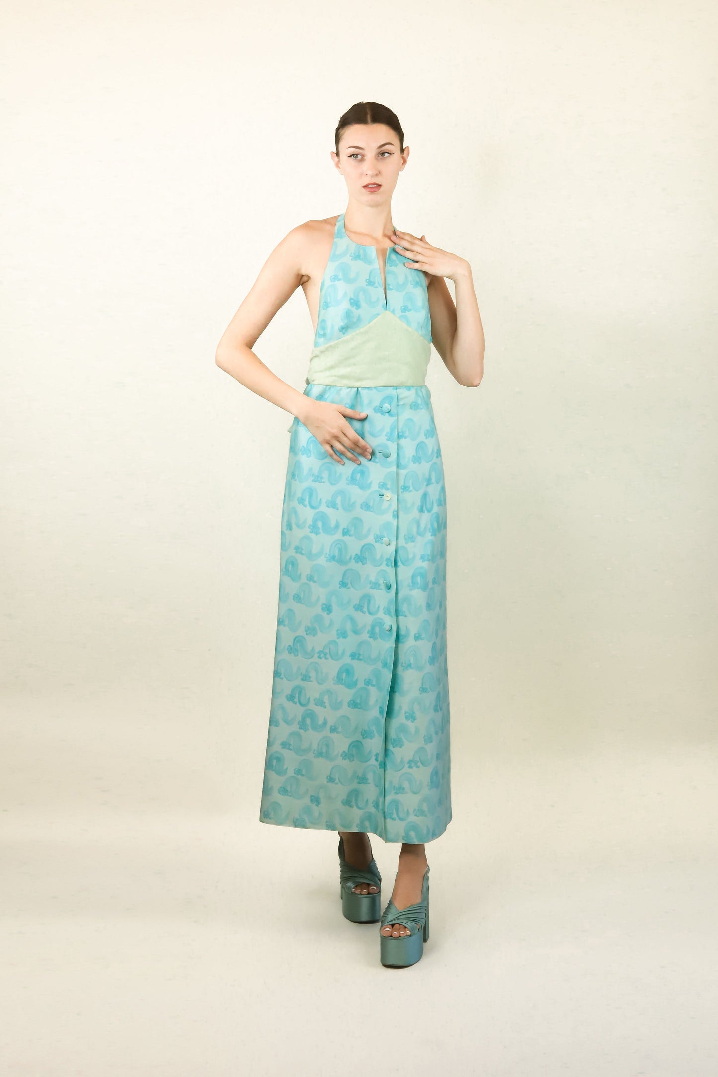 Courreges c. 1970's/80's Blue Swirl Halter Dress - The Kit Vintage