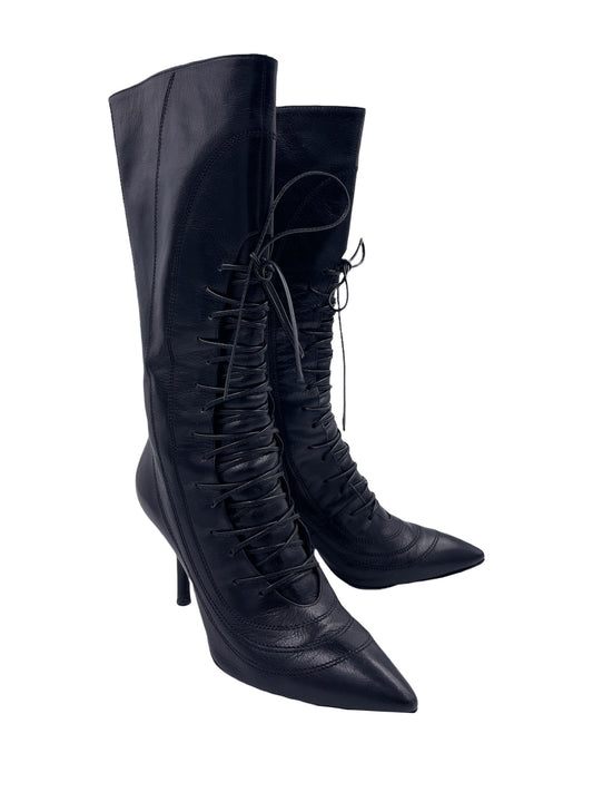 Sergio Rossi Leather Lace Up Heel Boots - The Kit Vintage
