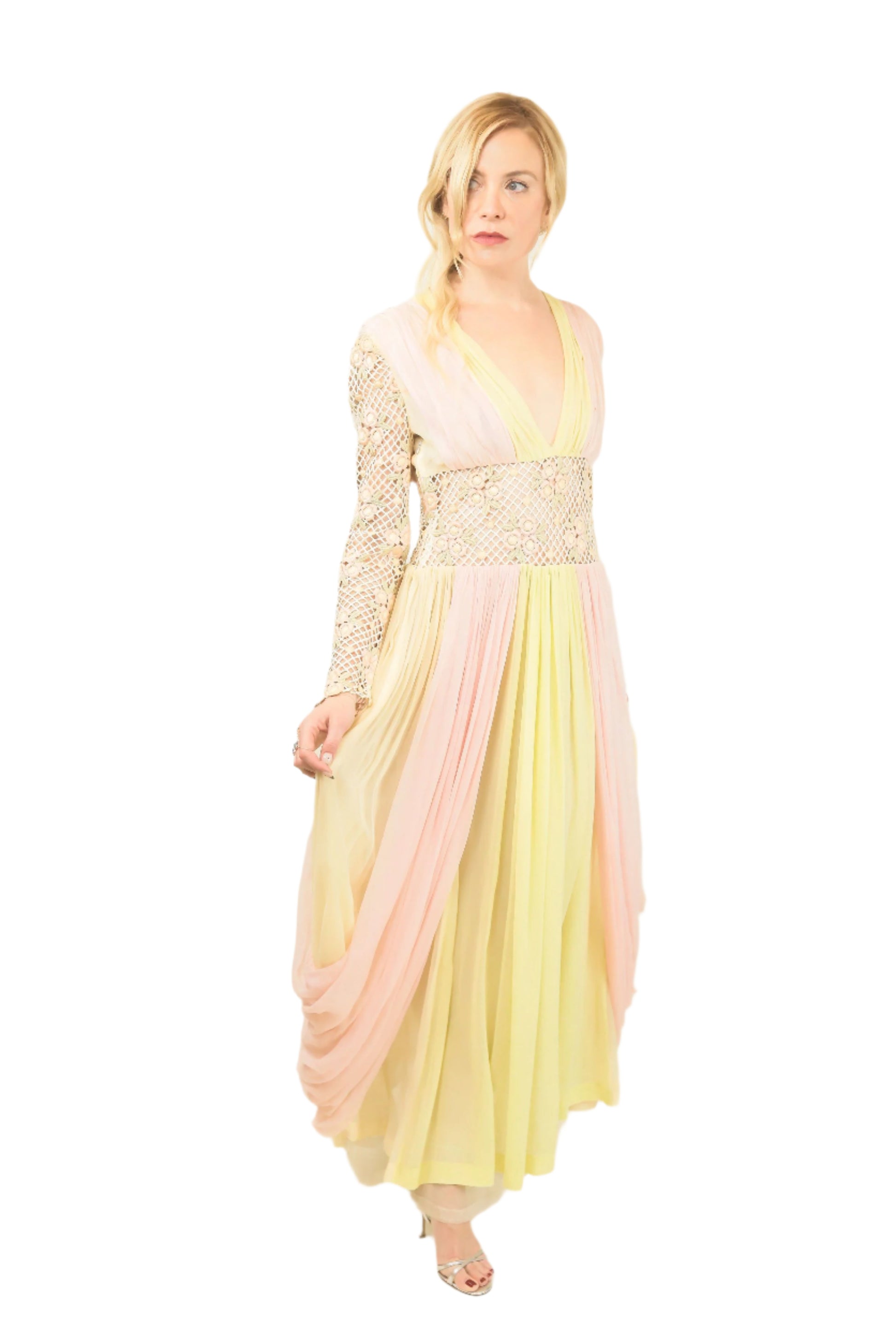 Herbert Schill Wien Chiffon with Lace Cut Out Waist Dress - The Kit Vintage