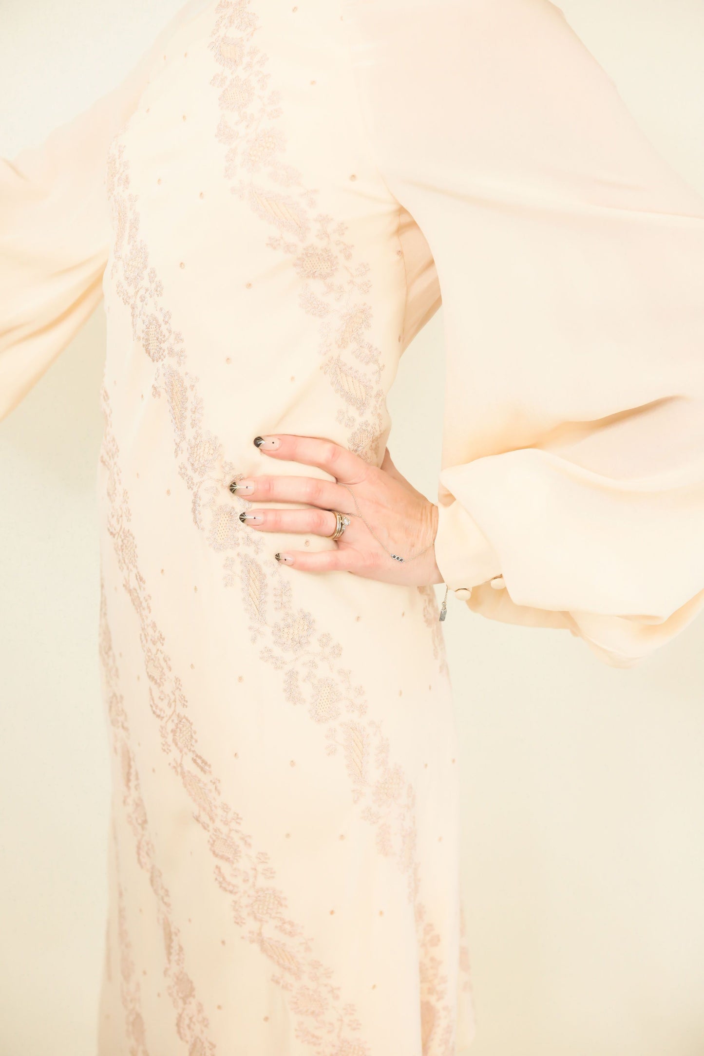 1970's Embroidered & Bishop Sleeve Silk Gown - The Kit Vintage