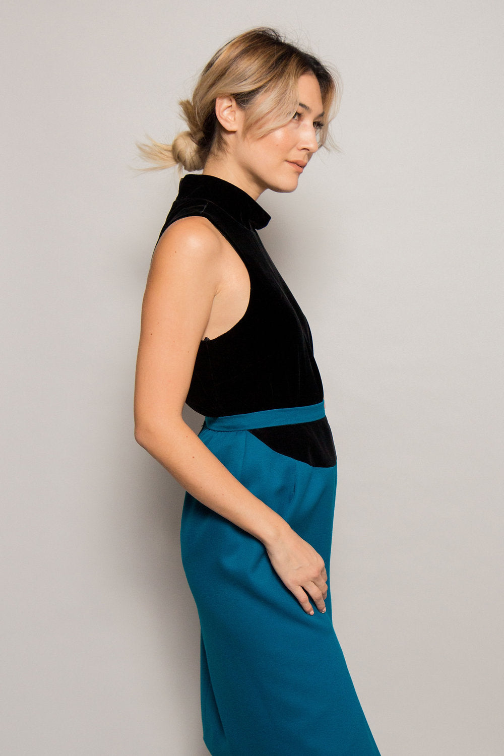 1980's Valentino Teal Blue Skirt w/ Velvet Trim