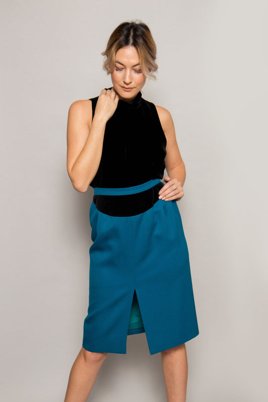 1980's Valentino Teal Blue Skirt w/ Velvet Trim - The Kit Vintage