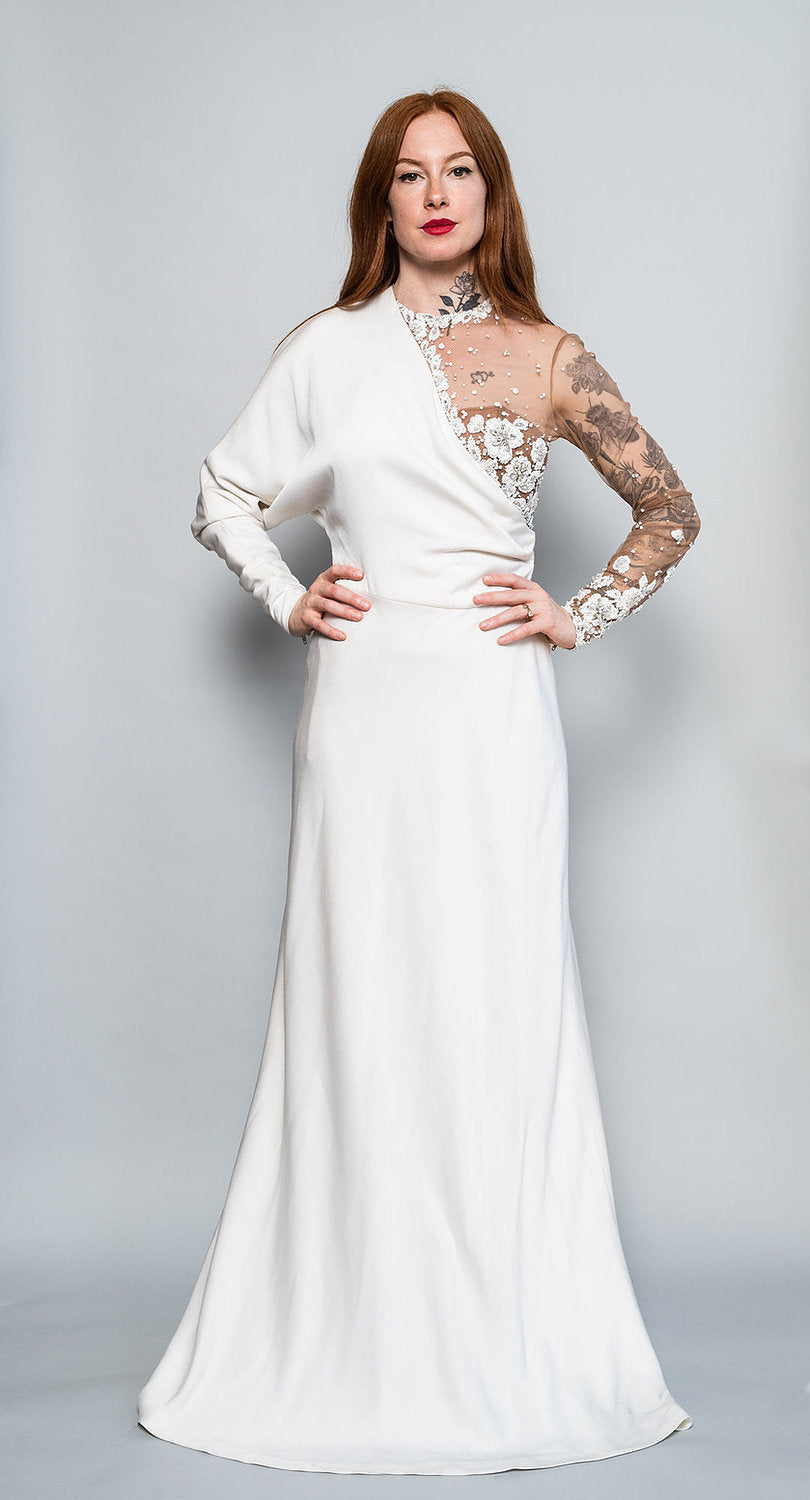 Illusion Mesh Long Sleeve Beaded Bodice Gown with Train - The Kit Vintage