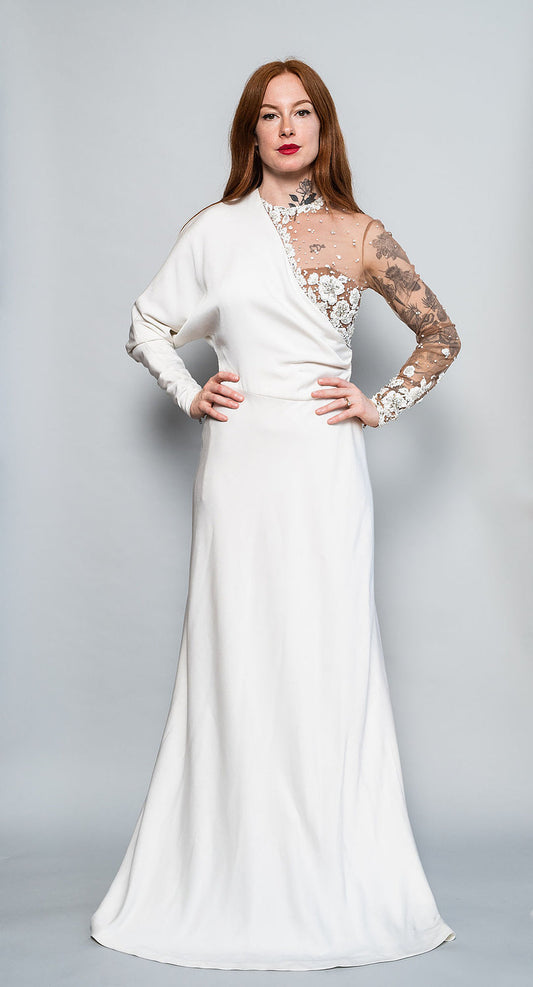 Illusion Mesh Long Sleeve Beaded Bodice Gown with Train - The Kit Vintage