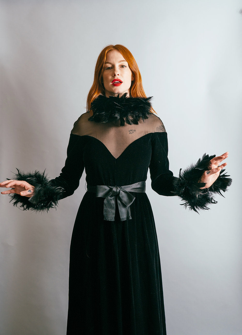 1970's Oscar De La Renta Velvet & Feather Gown