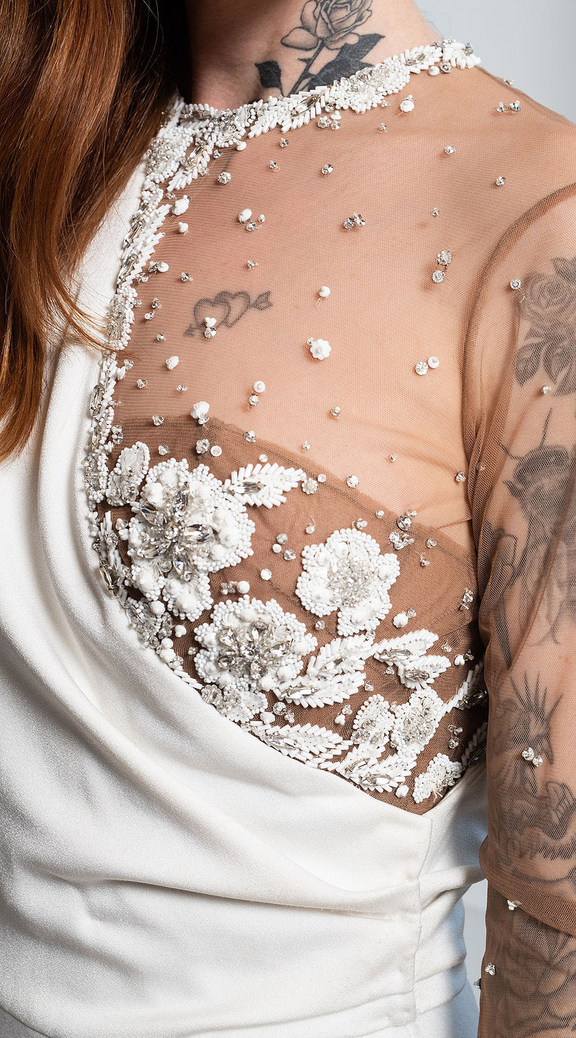 Illusion Mesh Long Sleeve Beaded Bodice Gown with Train - The Kit Vintage