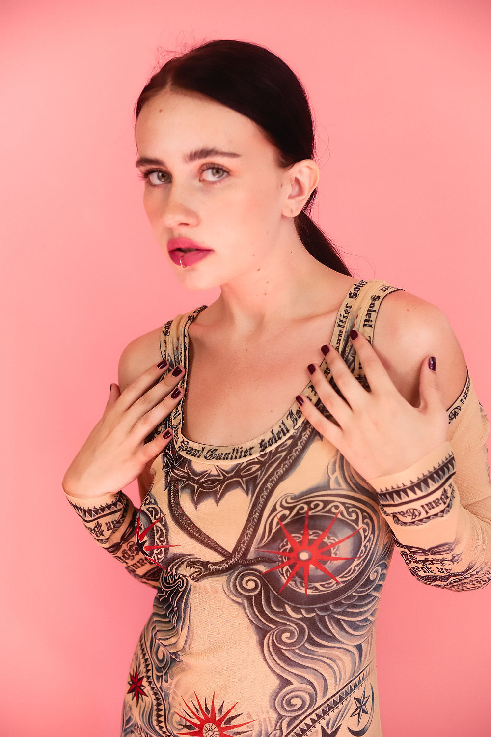 Jean Paul Gaultier Soleil Tattoo Print Mesh Dress Set - The Kit Vintage