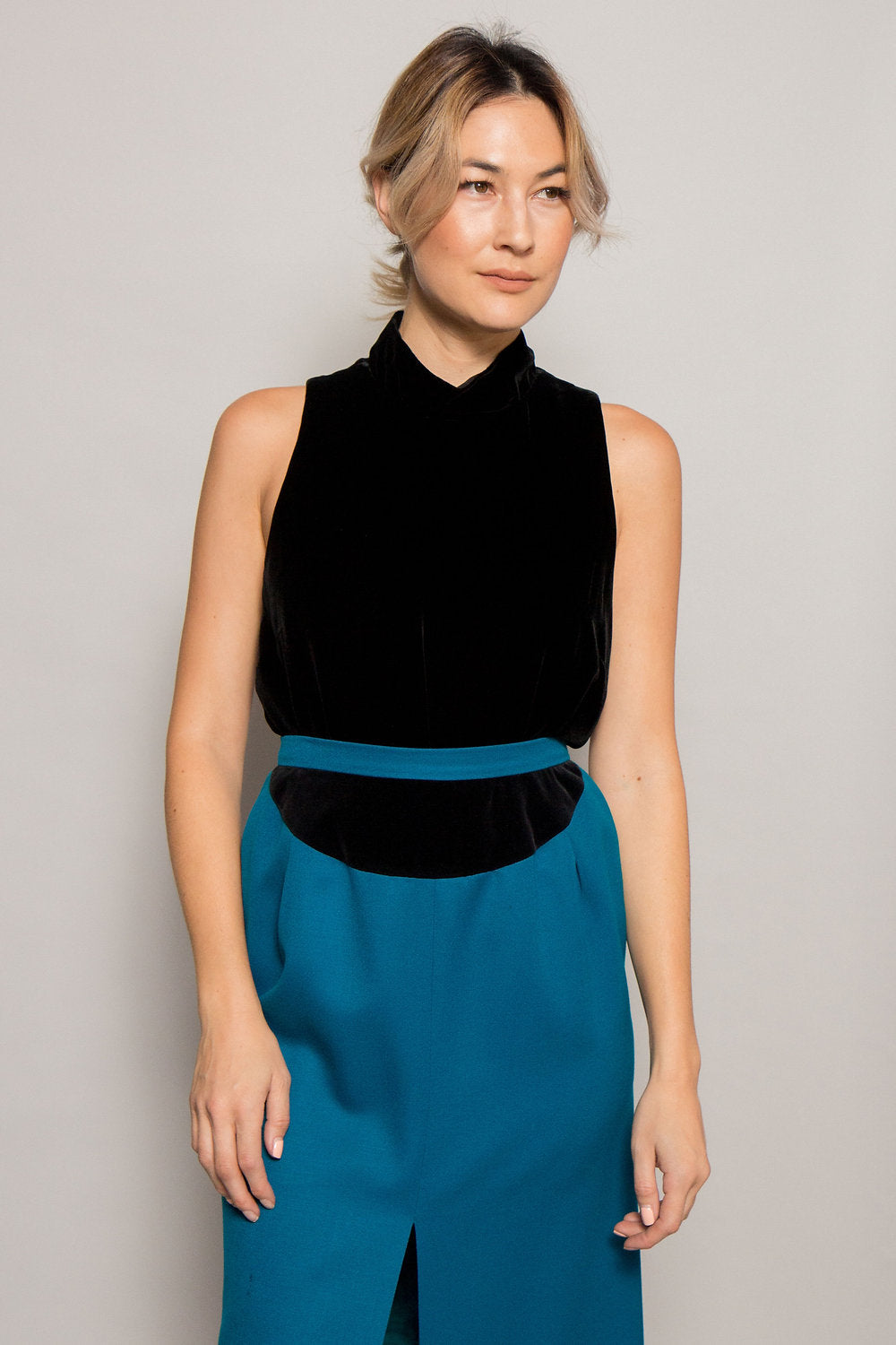 1980's Valentino Teal Blue Skirt w/ Velvet Trim