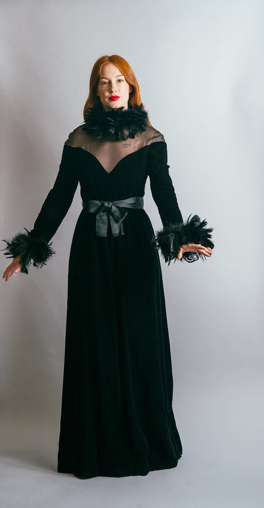 1970's Oscar De La Renta Velvet & Feather Gown