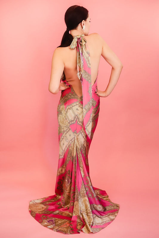 Roberto Cavalli Silk Metallic Open Back Gown - The Kit Vintage