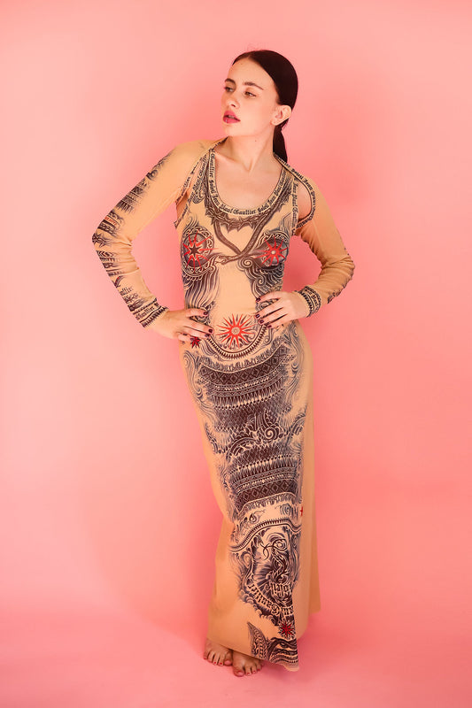 Jean Paul Gaultier Soleil Tattoo Print Mesh Dress Set - The Kit Vintage
