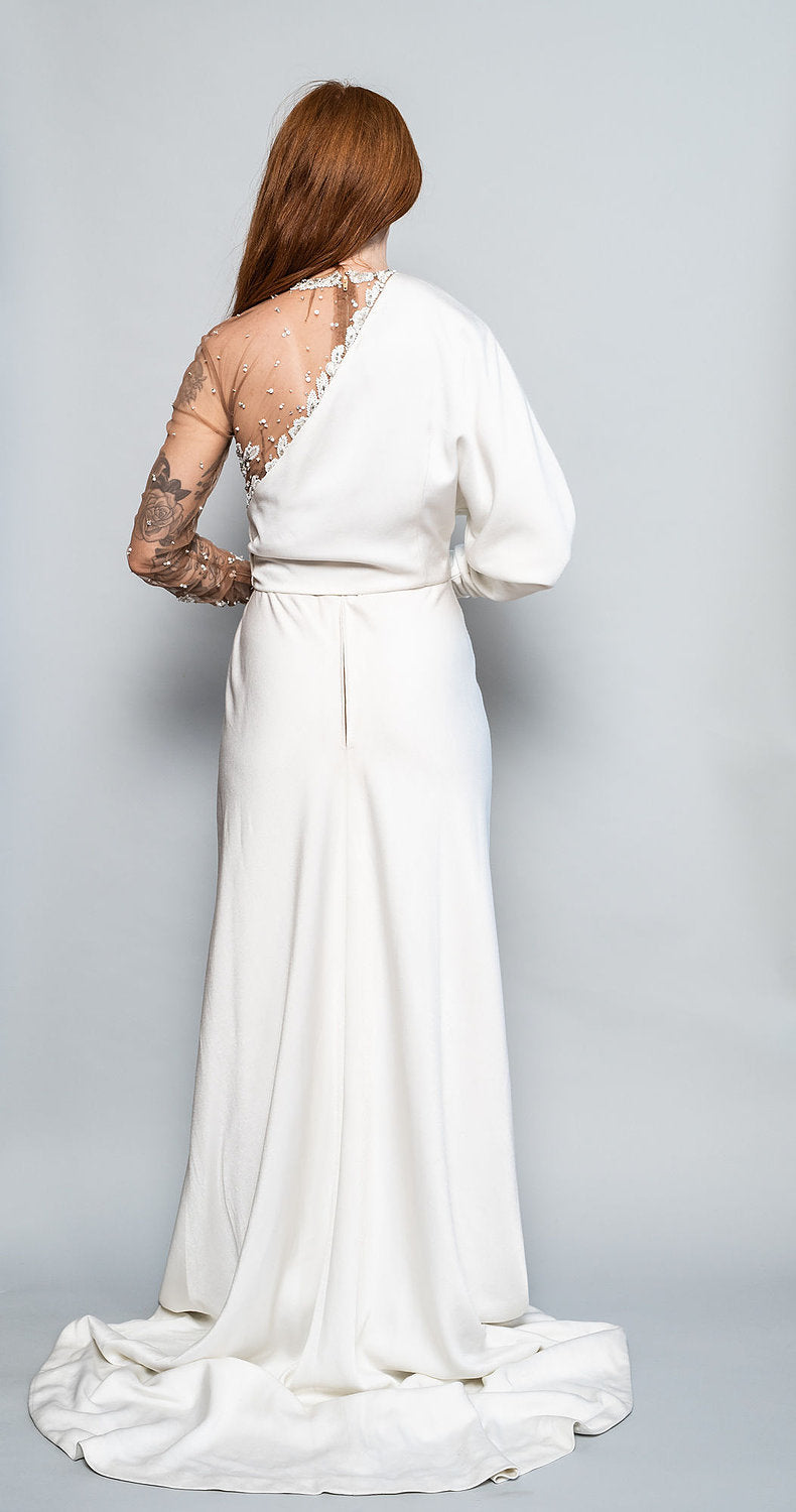 Illusion Mesh Long Sleeve Beaded Bodice Gown with Train - The Kit Vintage
