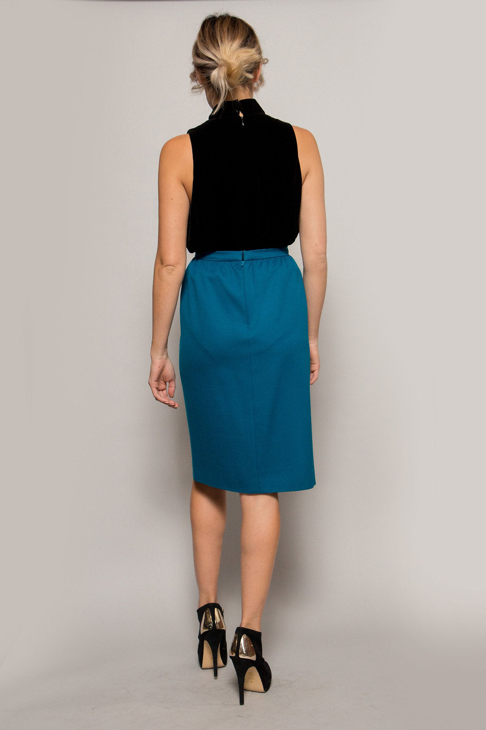 1980's Valentino Teal Blue Skirt w/ Velvet Trim