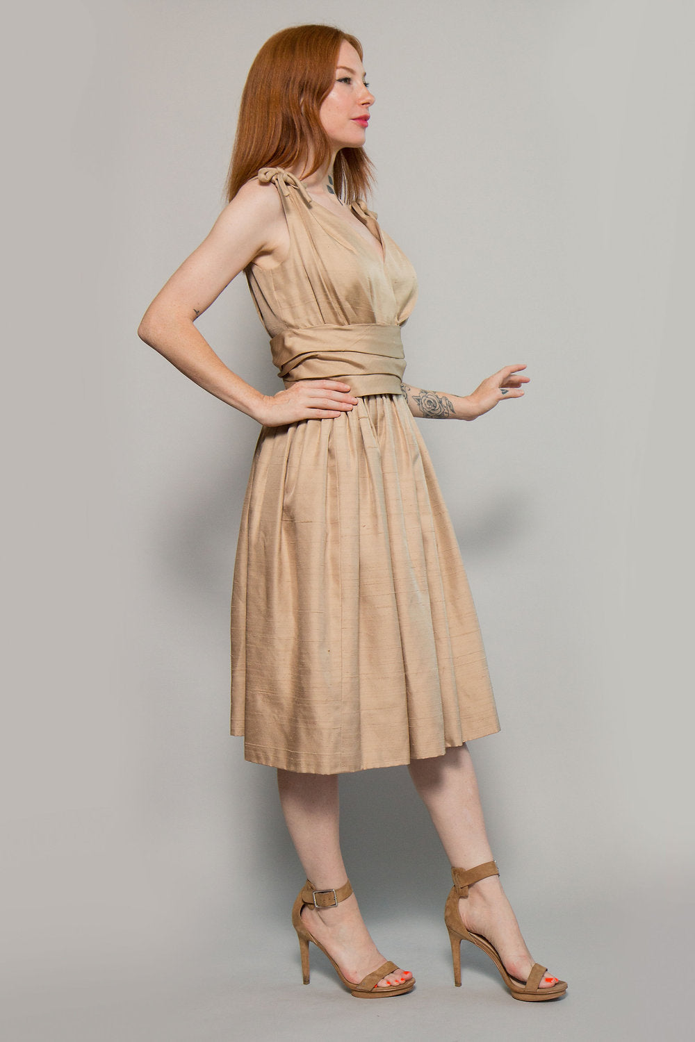 1950's Khaki Bow Tie Sleeves Dress - The Kit Vintage
