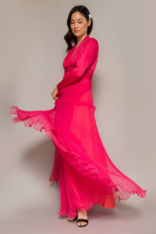 Miss Elliette Fuchsia 1970's Accordian Pleated Gown - The Kit Vintage