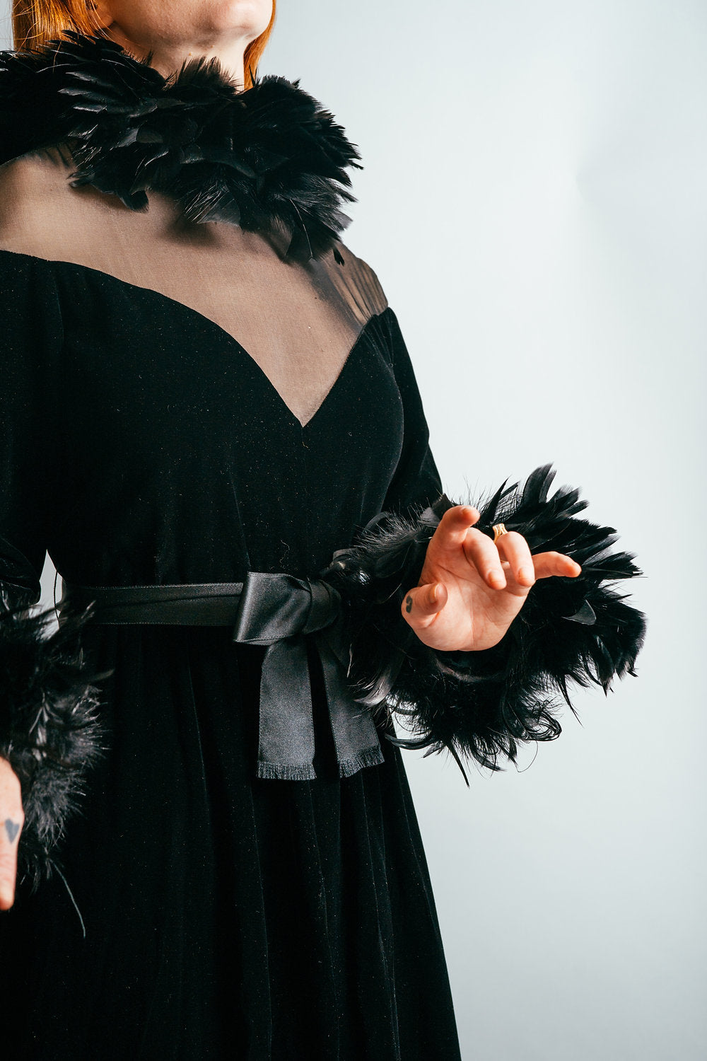 1970's Oscar De La Renta Velvet & Feather Gown