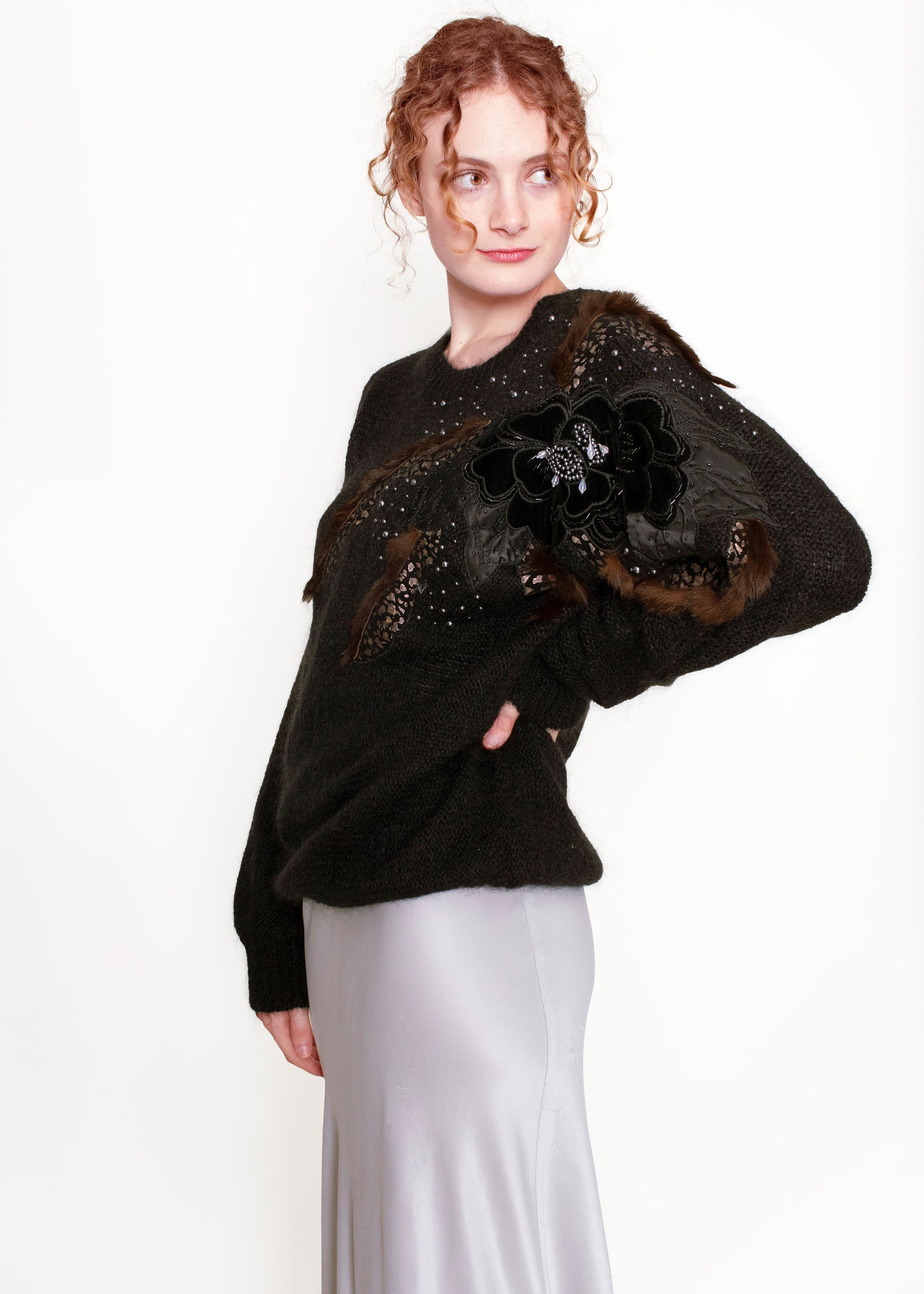 Black Mohair Sweater with Fur and Velvet Floral Patchwork