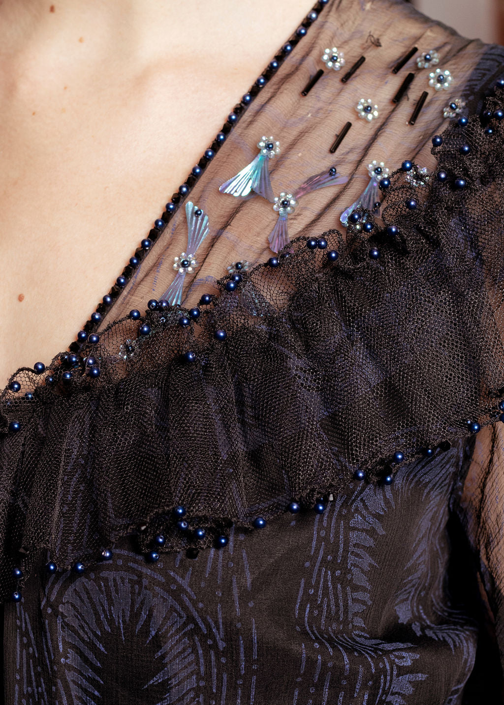 Zandra Rhodes Blue on Black Tulle Gown, Circa 1982