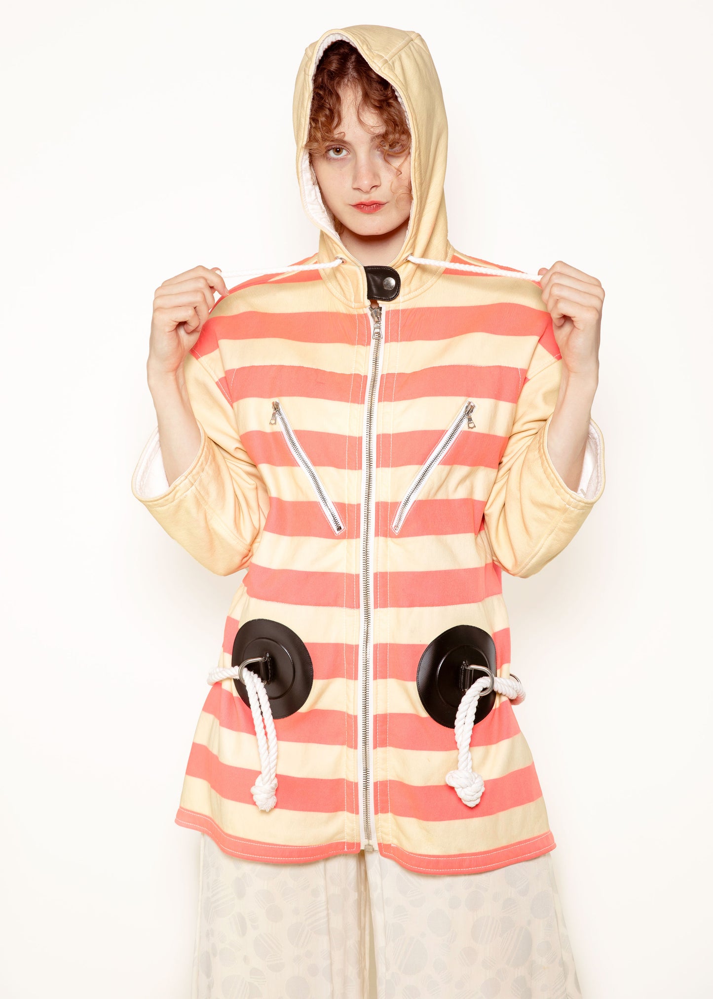 Courreges Pink/White Stripe Leather Nautical Coat