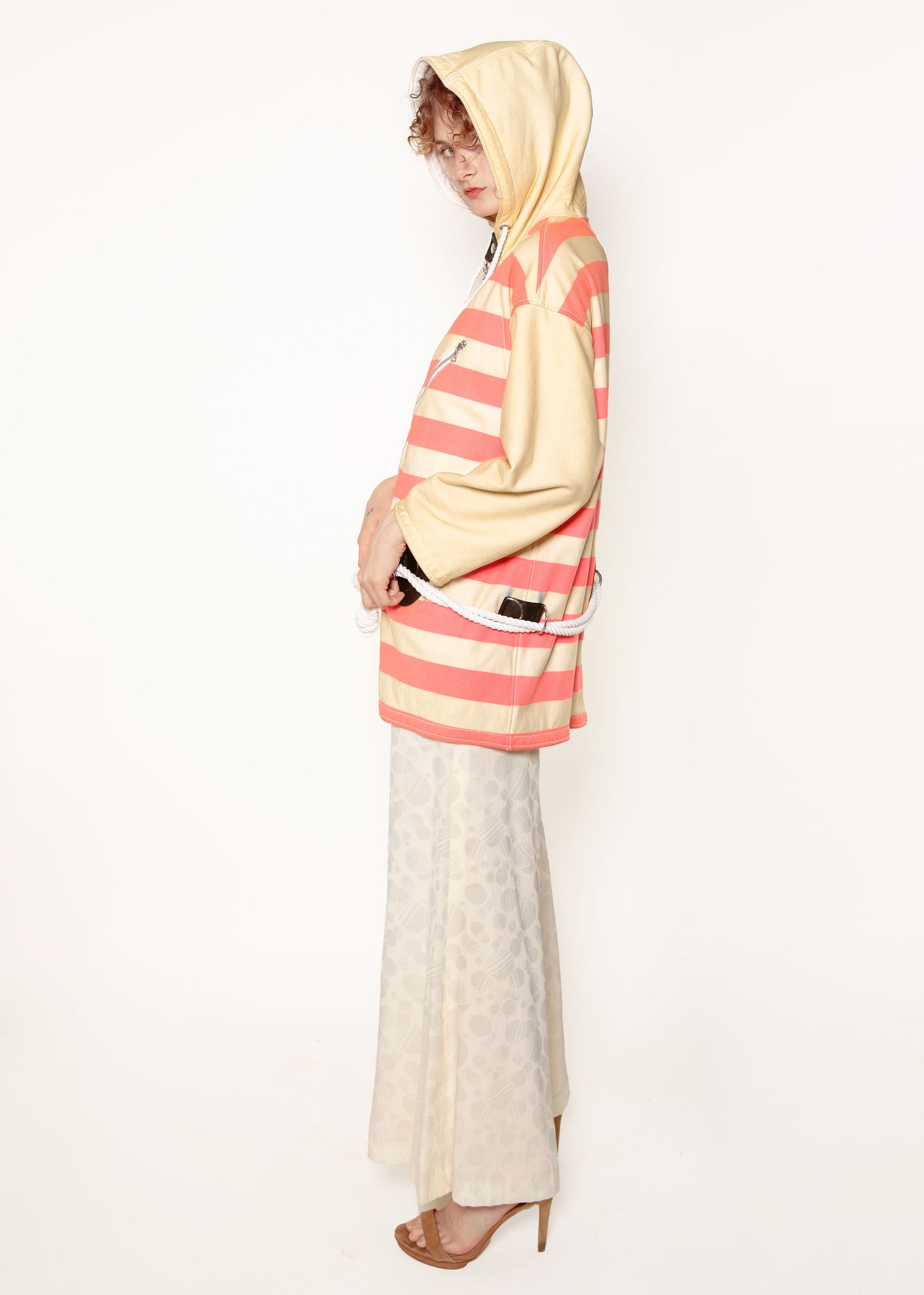 Courreges Pink/White Stripe Leather Nautical Coat