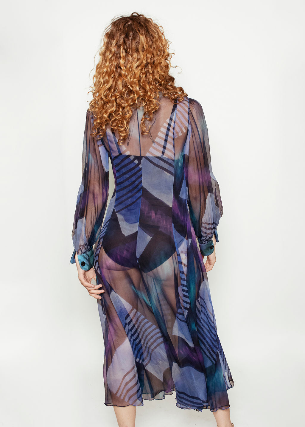 Silk Printed Dress with Floral Collar Ornamentation