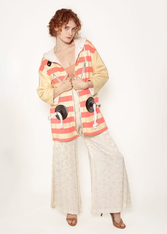 Courreges Pink/White Stripe Leather Nautical Coat