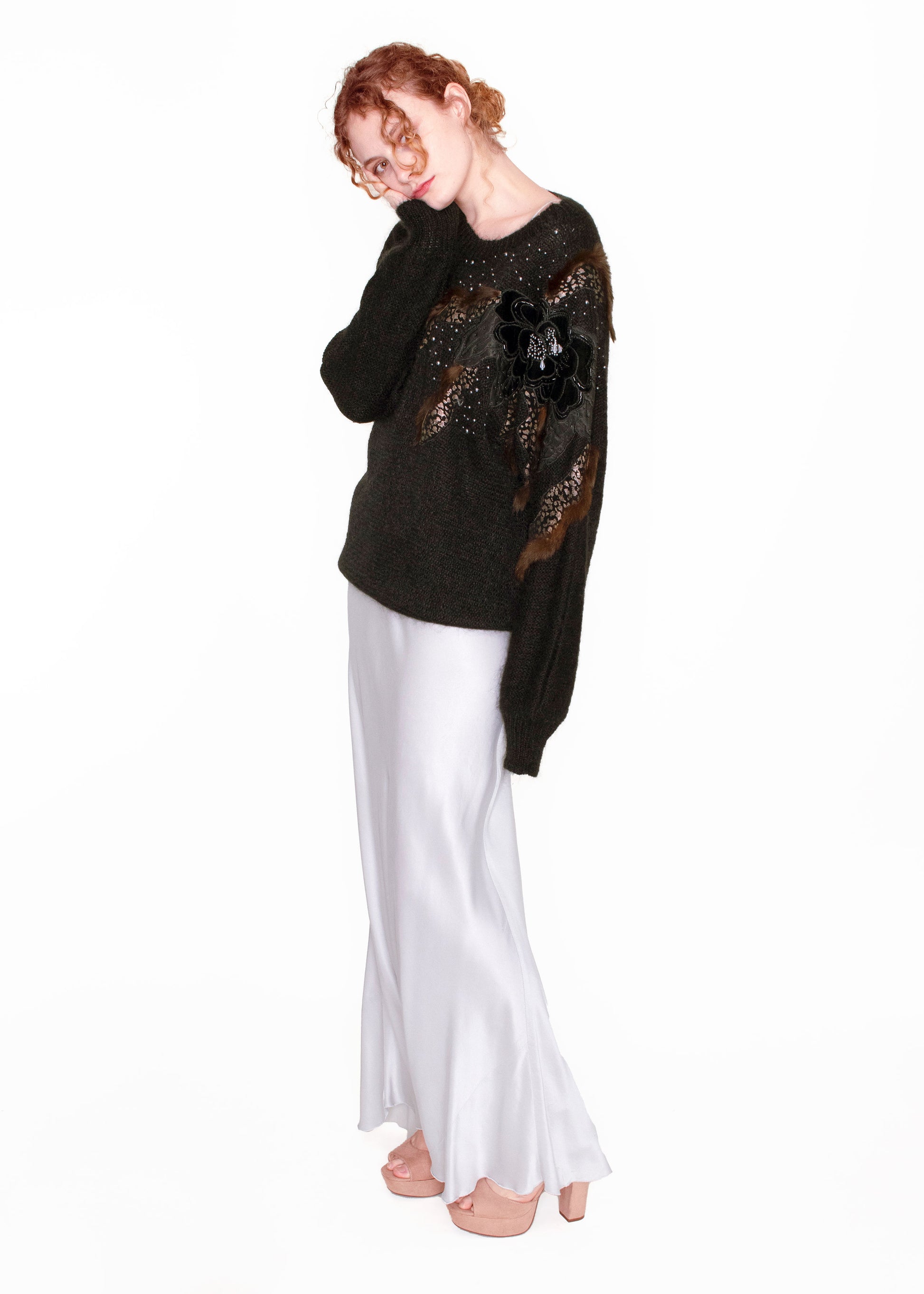 Black Mohair Sweater with Fur and Velvet Floral Patchwork - The Kit Vintage
