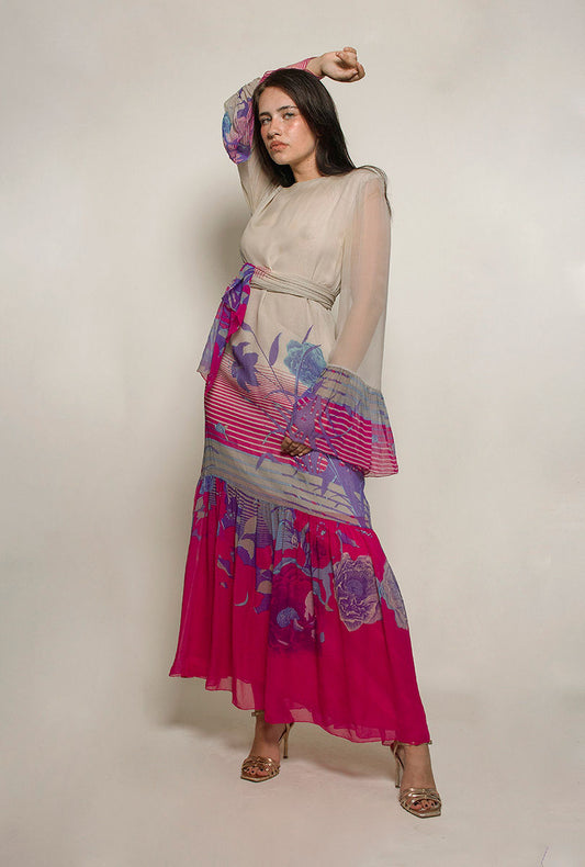 Hanae Mori silk chiffon Dress with Floral Hem - The Kit Vintage