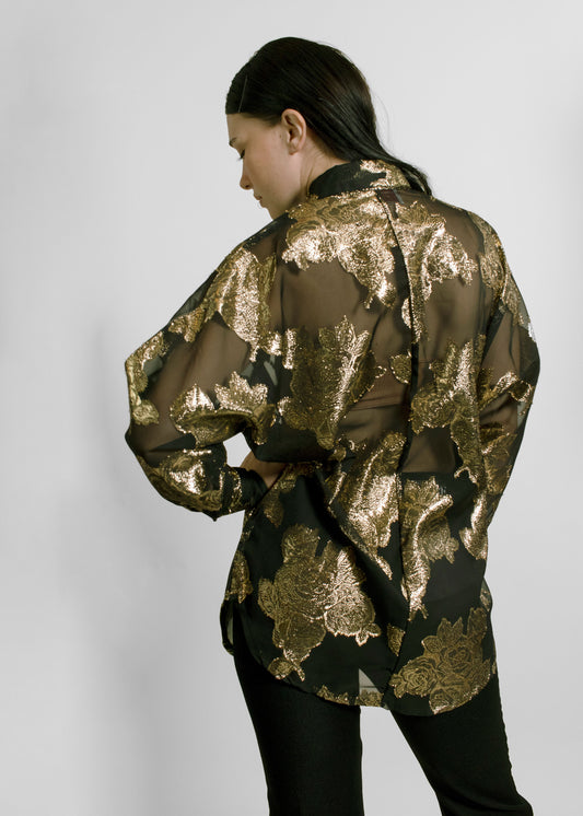 Maurada Black Sheer with Gold Floral Print Blouse - The Kit Vintage