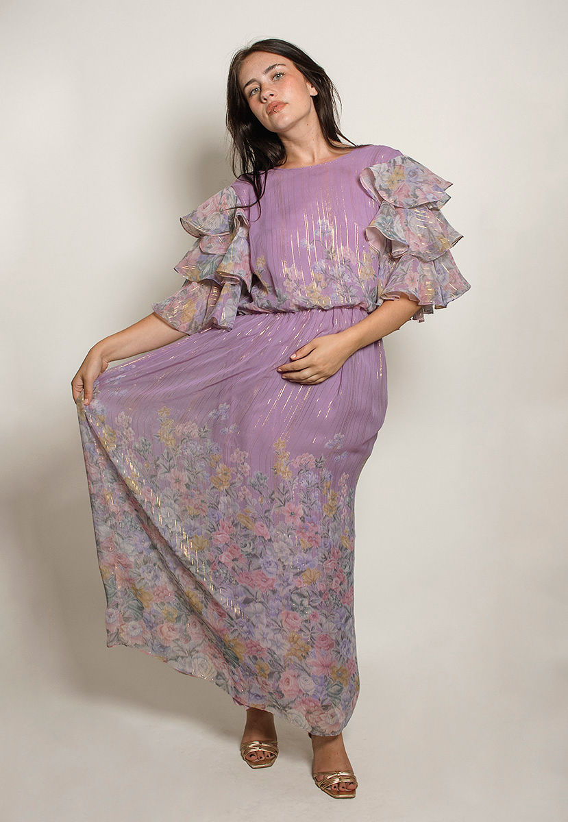 Hanae Mori Purple Metallic Ruffled Sleeve dress - The Kit Vintage