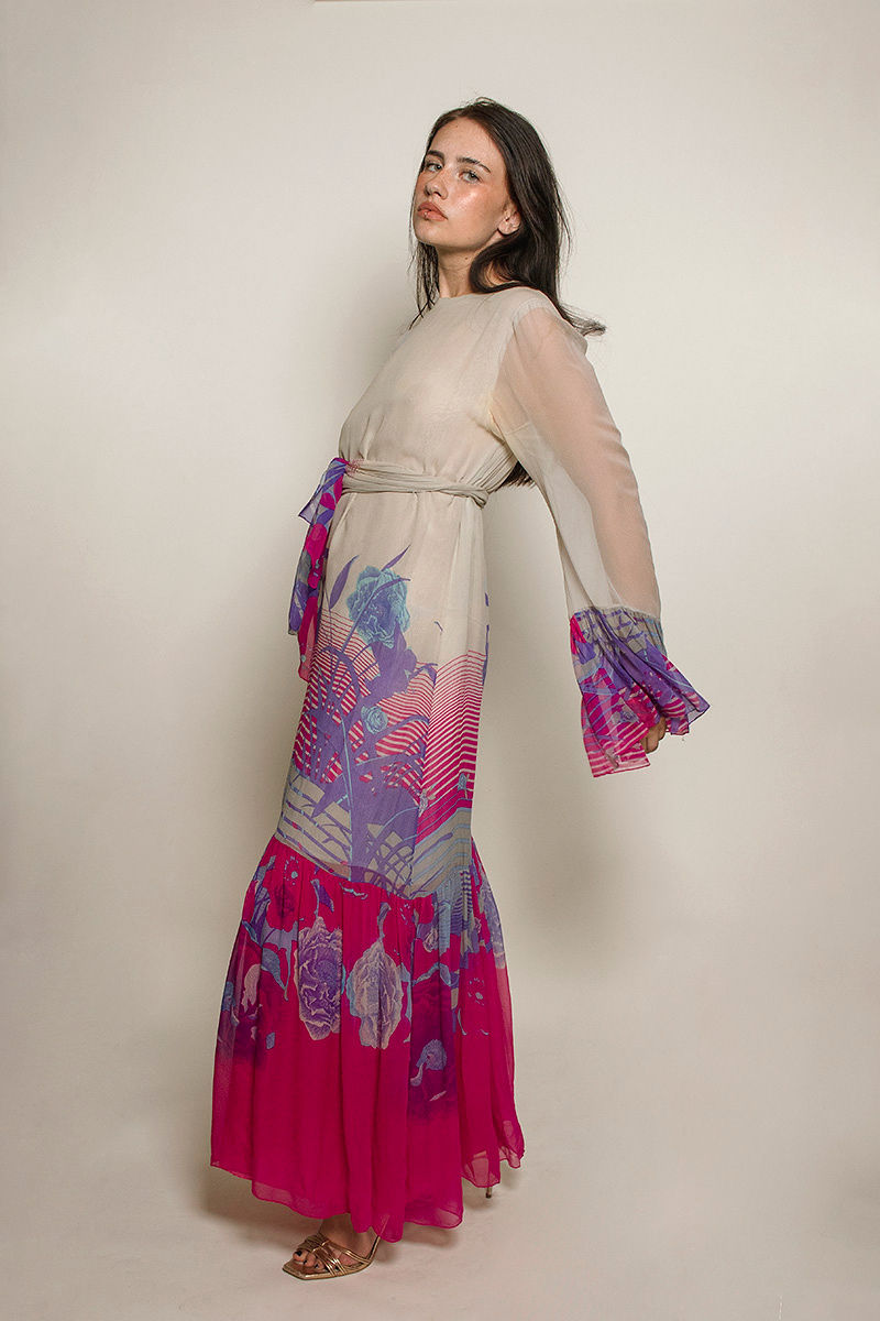 Hanae Mori silk chiffon Dress with Floral Hem - The Kit Vintage