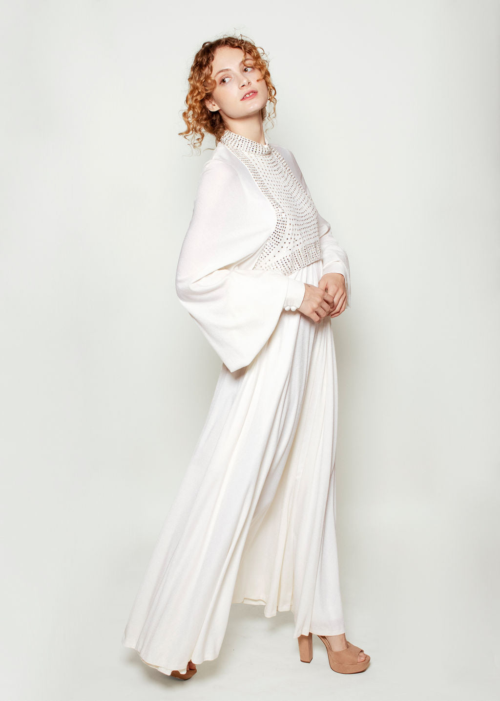 Geoffrey Beene White Bishop Sleeve Rhinestone Gown - The Kit Vintage