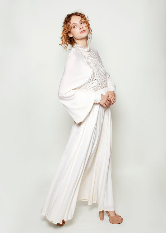 Geoffrey Beene White Bishop Sleeve Rhinestone Gown - The Kit Vintage