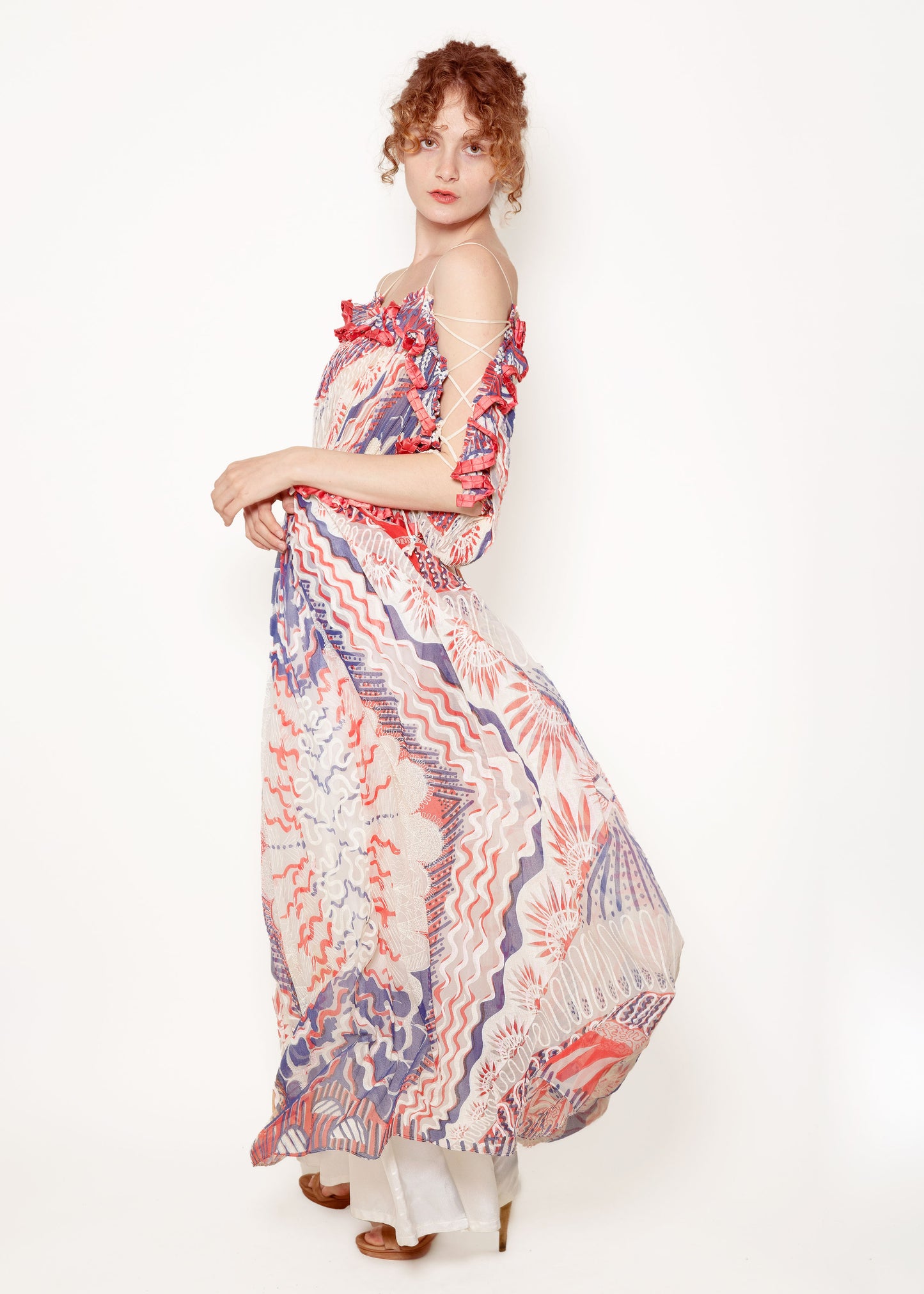 Zandra Rhodes Documented 1977, Lace up Sleeve Off the Shoulder Dress - The Kit Vintage