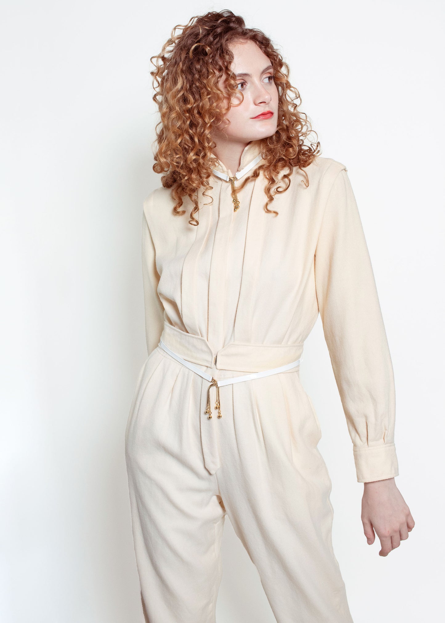 Courreges Cream L/S Wool Jumpsuit with Belt