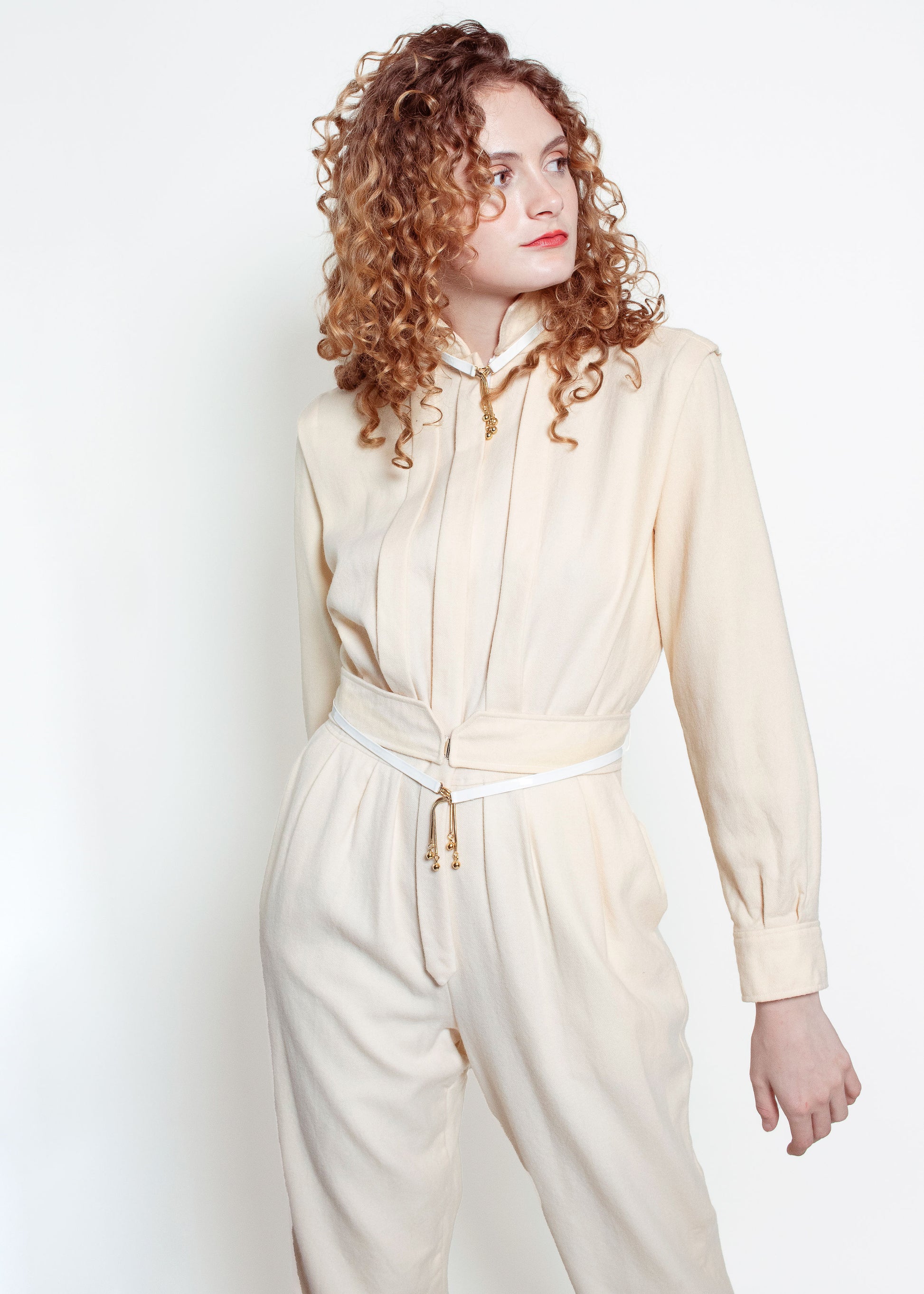Courreges Cream L/S Wool Jumpsuit with Belt - The Kit Vintage