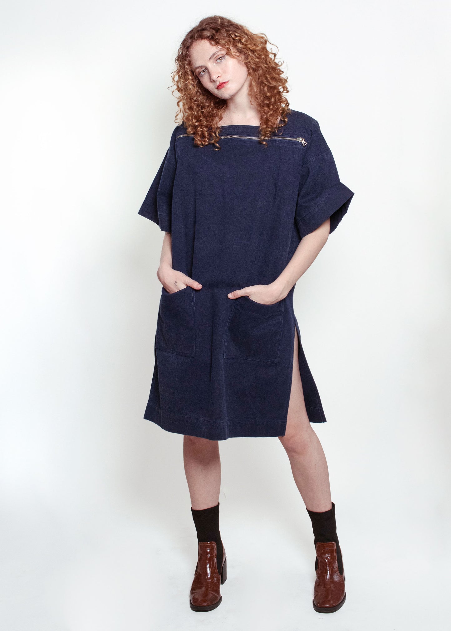 Courreges Navy Denim Zipper Dress with Pockets - The Kit Vintage