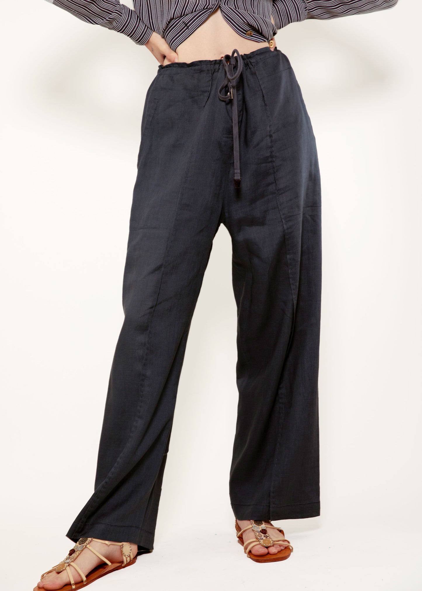 Issey Miyake Navy Linen Drawstring Pants - The Kit Vintage