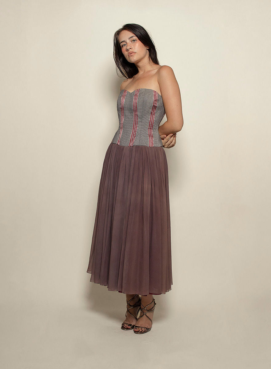 90s Strapless Checked Chiffon Dress - The Kit Vintage