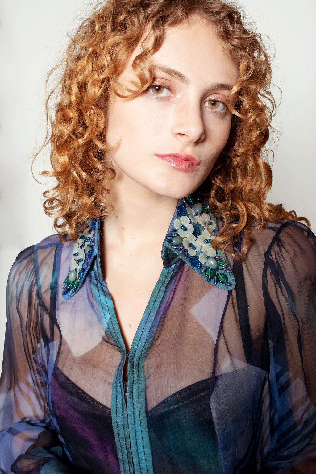 Silk Printed Dress with Floral Collar Ornamentation - The Kit Vintage
