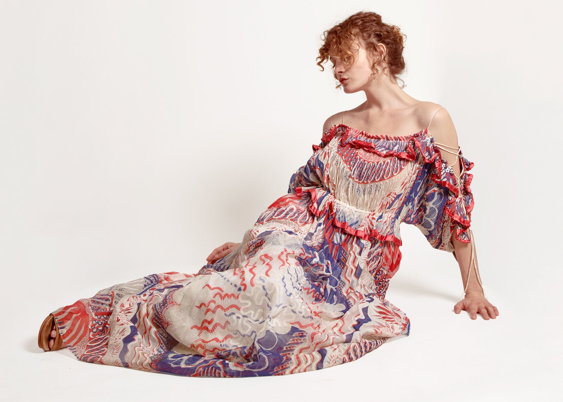 Zandra Rhodes Documented 1977, Lace up Sleeve Off the Shoulder Dress - The Kit Vintage