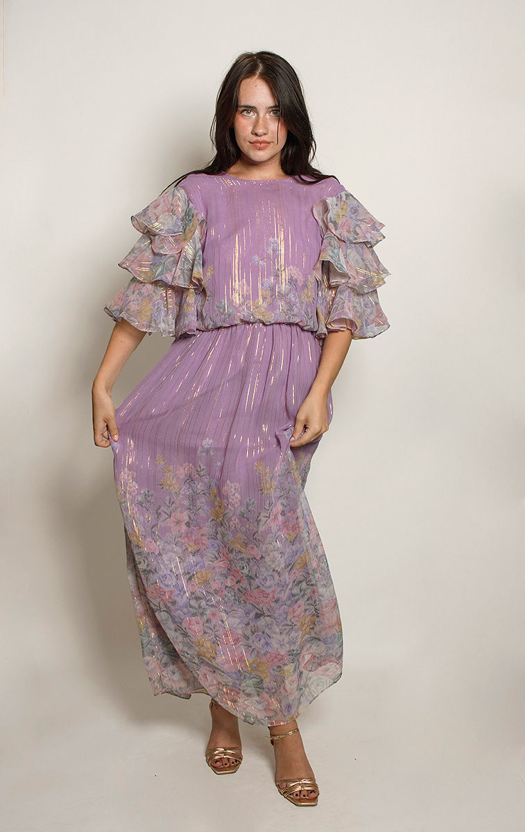 Hanae Mori Purple Metallic Ruffled Sleeve dress – The Kit Vintage Hanae Mori Purple Metallic Ruffled Sleeve dress – The Kit Vintage