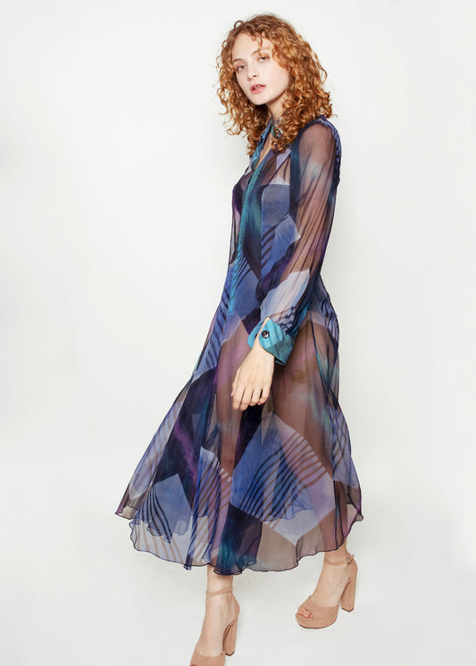 Silk Printed Dress with Floral Collar Ornamentation - The Kit Vintage